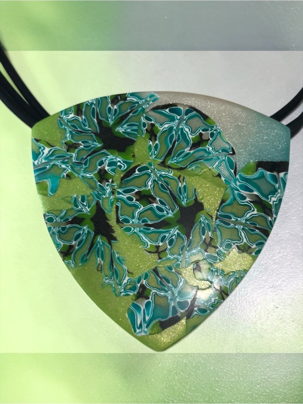 Handmade Blue & Green Abstract Floral Polymer Clay Large Pendant Necklace Cord